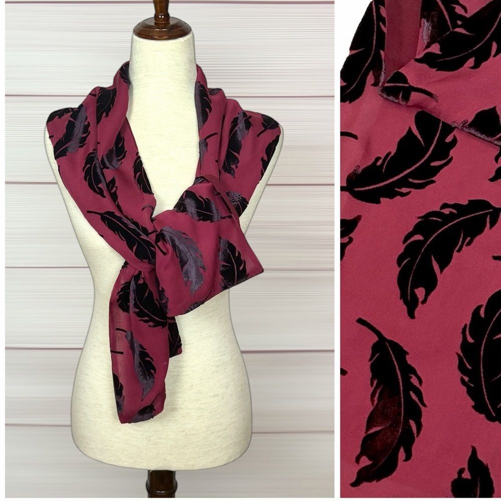 Elaine Gold Lined Scarf Rayon Silk Blend Burnout Velvet Burgundy Black Feathers